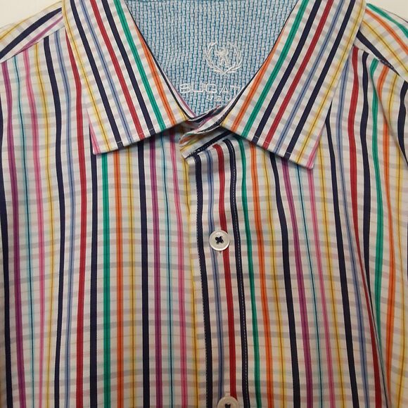 Bugatchi Uomo Button Front Shirt Men's Large Shaped Fit Stripes 100% Cotton - Picture 2 of 6